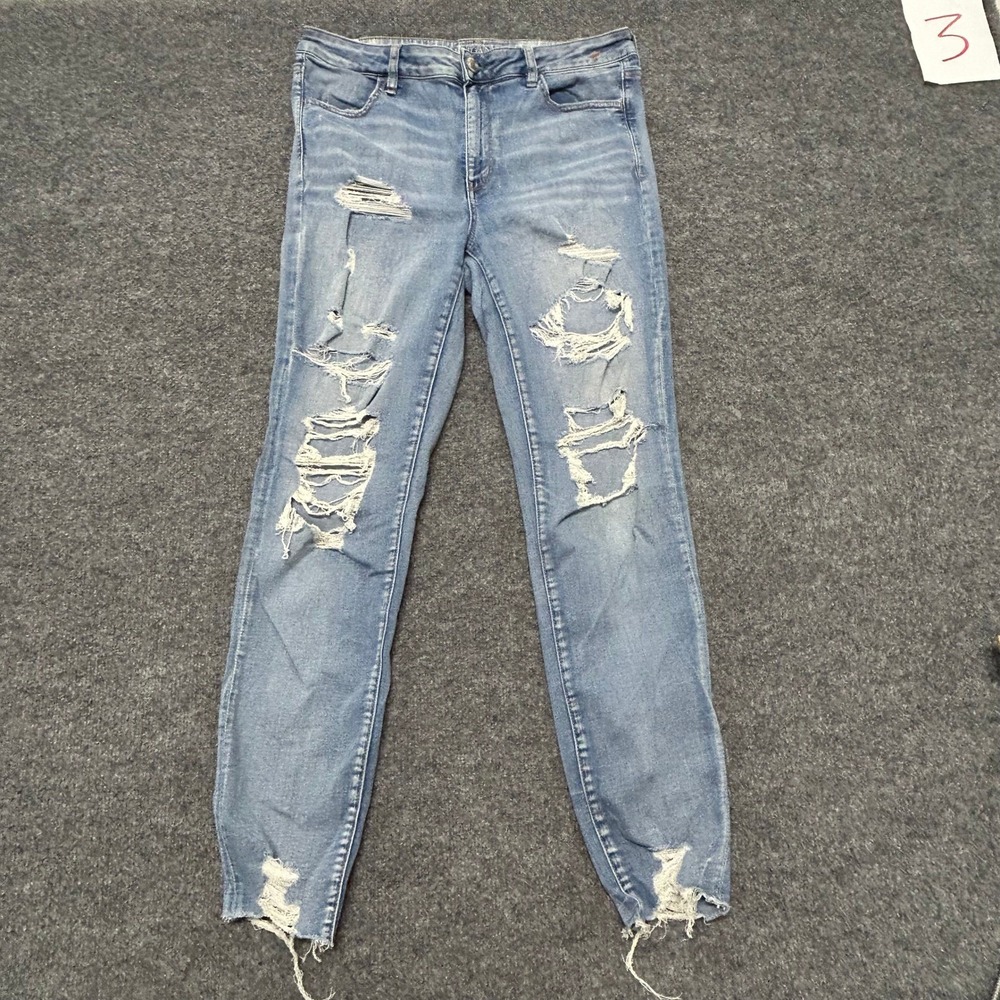 American Eagle Jeans Womens Size 14 Long Blue Super Stretch X Distressed Skinny